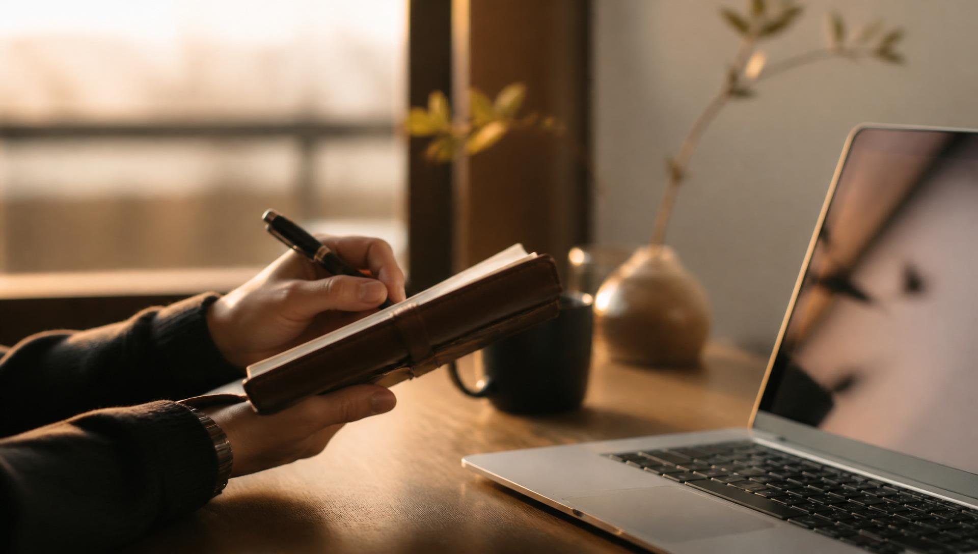 Notizbuch und Laptop im goldenen Abendlicht